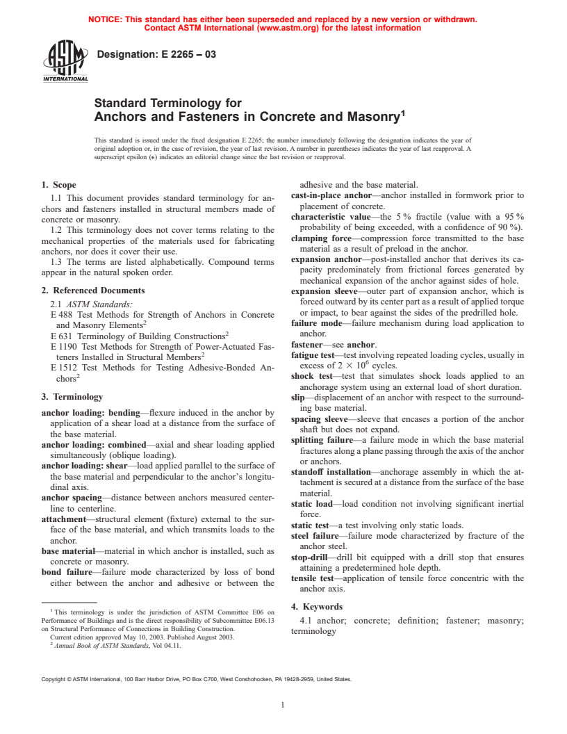 ASTM E2265-03 - Standard Terminology for Anchors and Fasteners in Concrete and Masonry