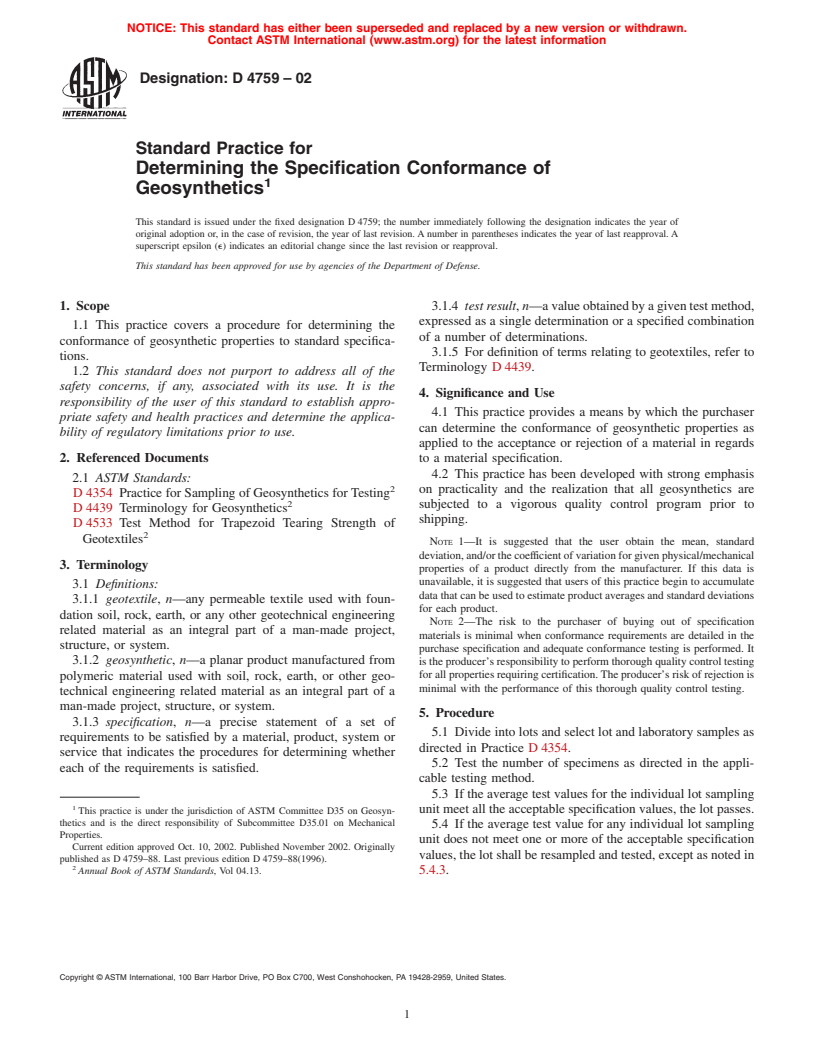 ASTM D4759-02 - Standard Practice for Determining the Specification Conformance of Geosynthetics