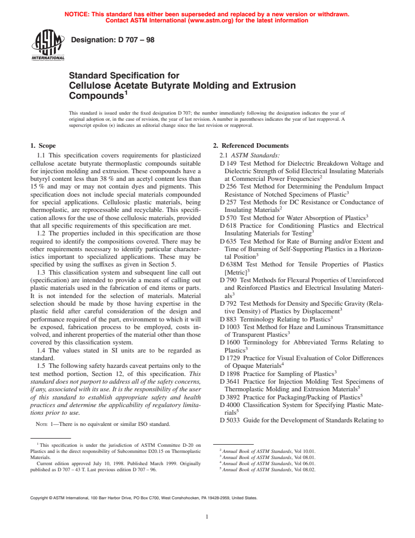 ASTM D707-98 - Standard Specification for Cellulose Acetate Butyrate Molding and Extrusion Compounds