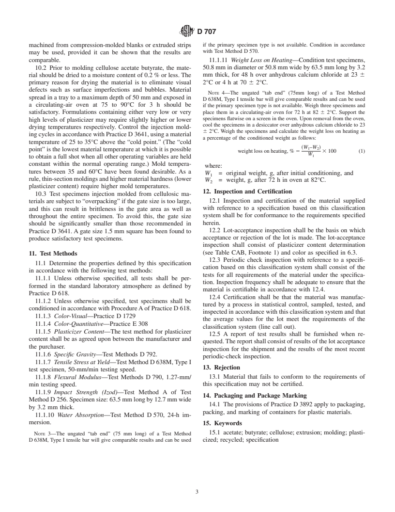 ASTM D707-98 - Standard Specification for Cellulose Acetate Butyrate Molding and Extrusion Compounds