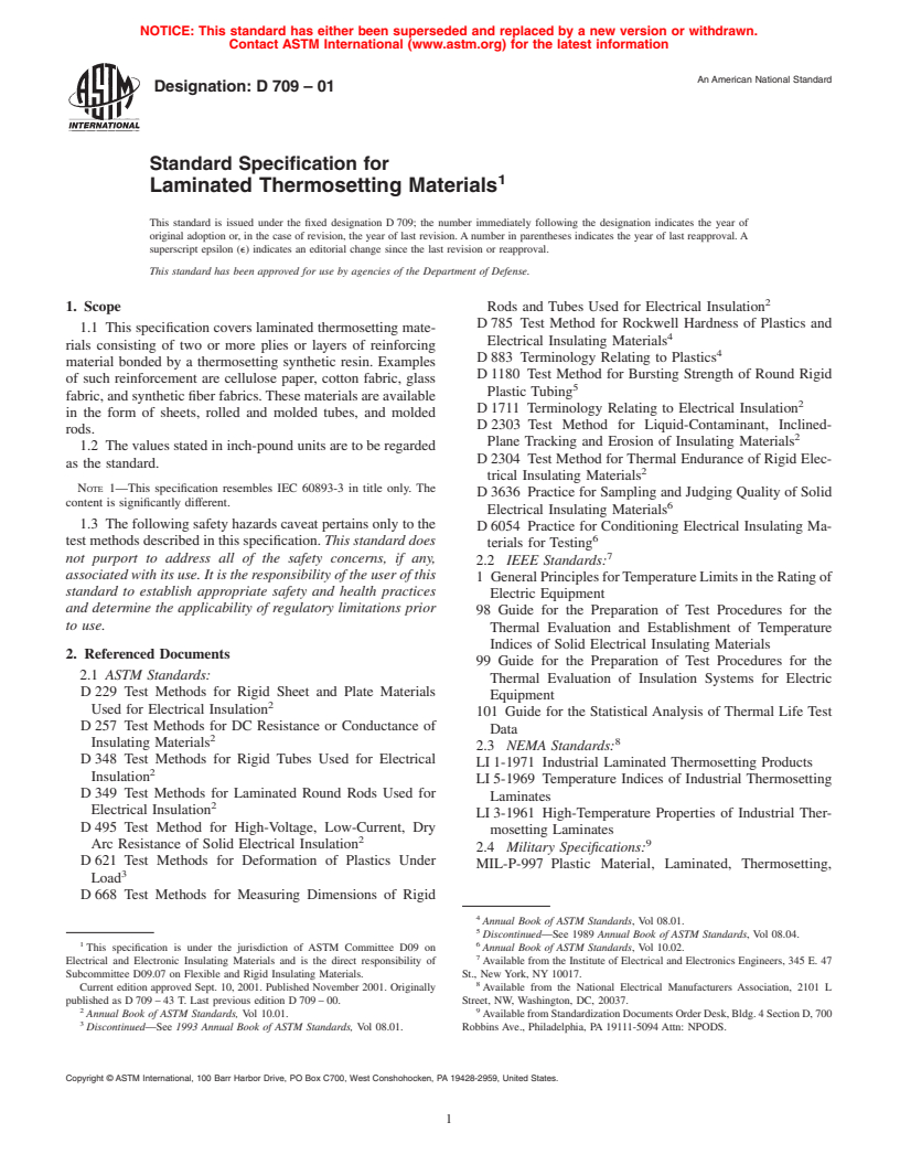 ASTM D709-01 - Standard Specification for Laminated Thermosetting Materials