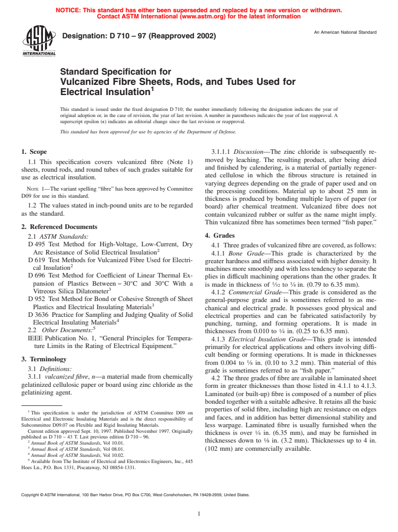 ASTM D710-97(2002) - Standard Specification for Vulcanized Fibre Sheets, Rods, and Tubes Used for Electrical Insulation