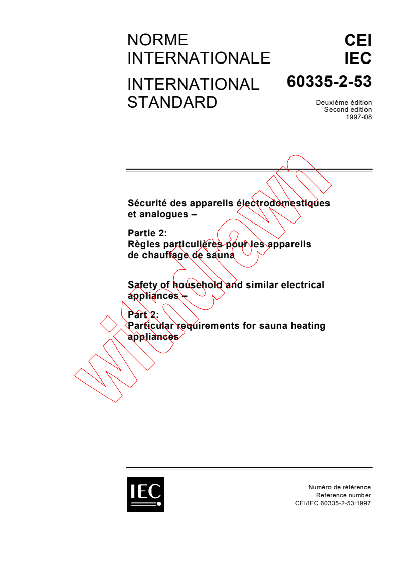 IEC 60335-2-53:1997 - Safety of household and similar electrical appliances - Part 2: Particular requirements for sauna heating appliances
Released:9/5/1997
Isbn:283183970X