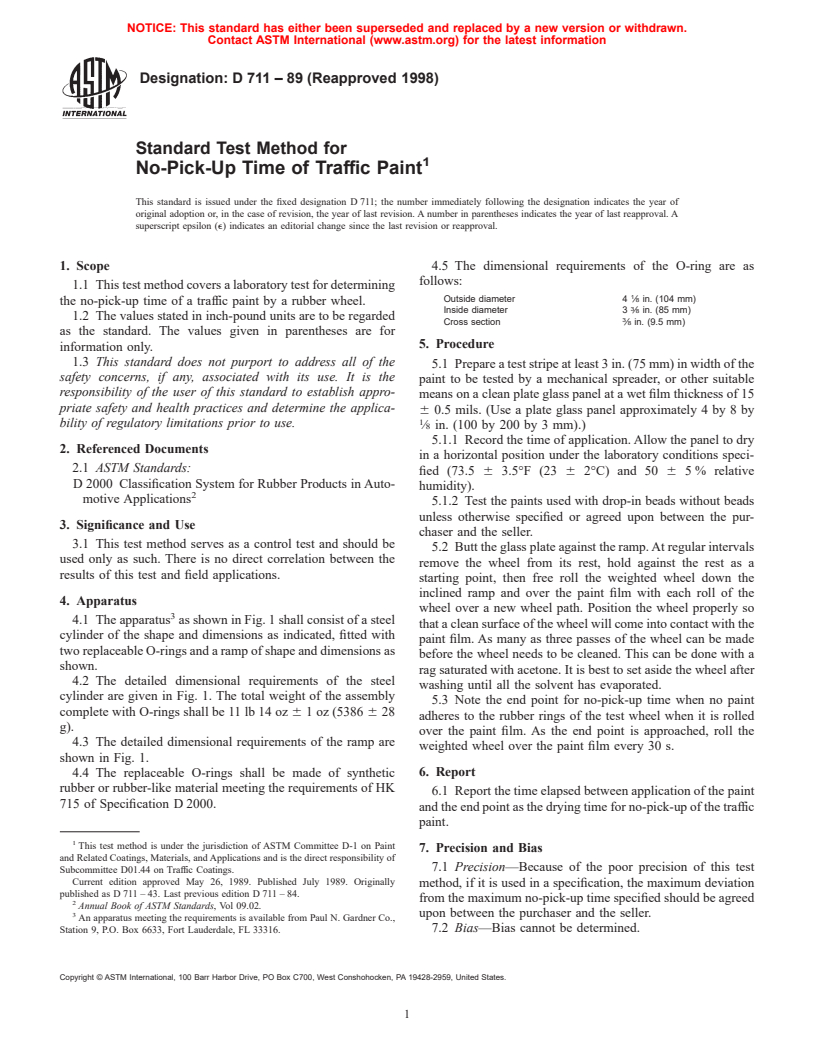ASTM D711-89(1998) - Standard Test Method for No-Pick-Up Time of Traffic Paint