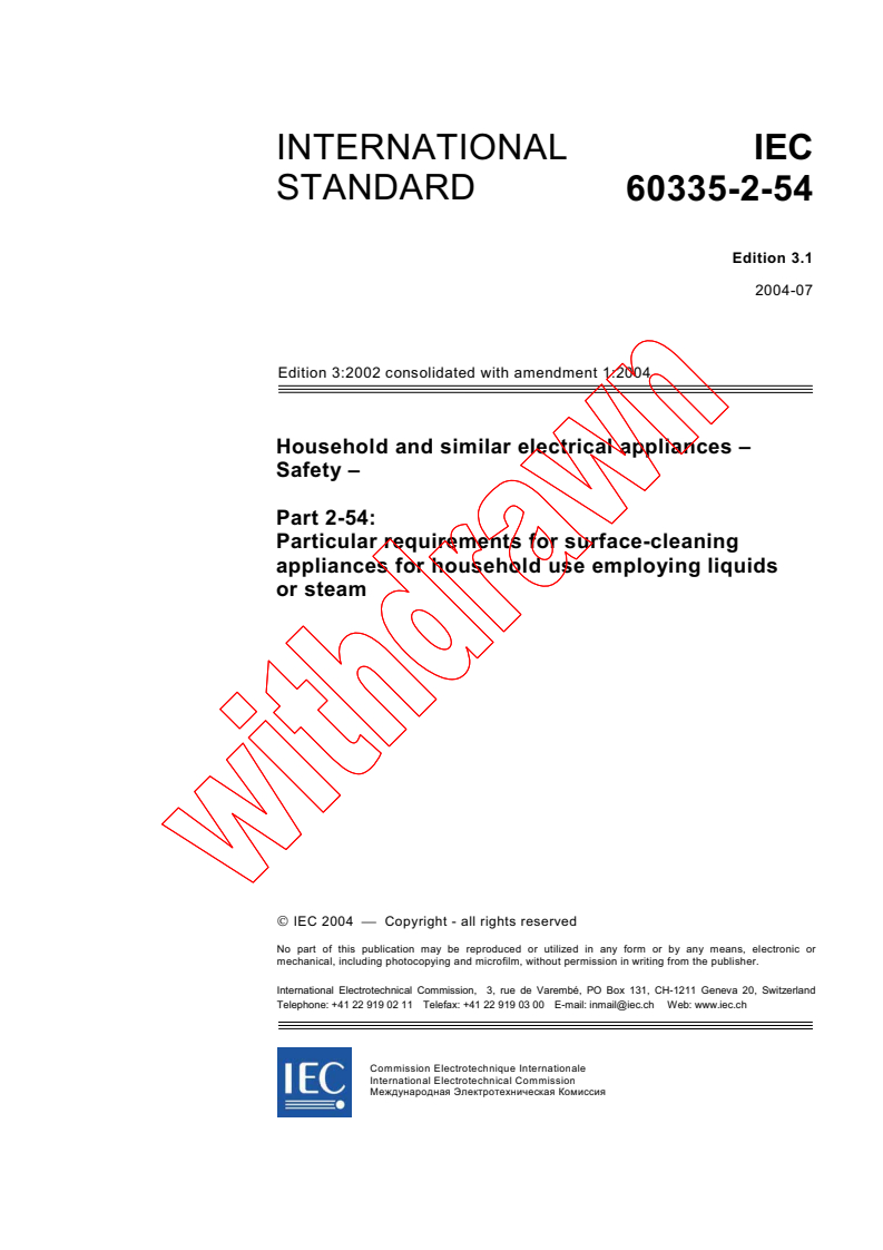 IEC 60335-2-54:2002+AMD1:2004 CSV - Household and similar electrical appliances - Safety - Part 2-54: Particular requirements for surface-cleaning appliances for household use employing liquids or steam
Released:7/8/2004
Isbn:2831875129
