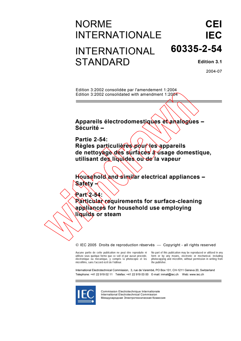 IEC 60335-2-54:2002+AMD1:2004 CSV - Household and similar electrical appliances - Safety - Part 2-54: Particular requirements for surface-cleaning appliances for household use employing liquids or steam
Released:7/8/2004
Isbn:2831881269