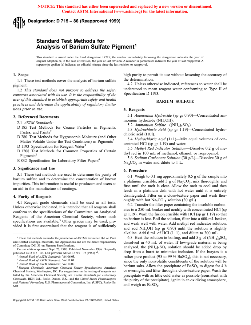 ASTM D715-86(1999) - Standard Test Methods for Analysis of Barium Sulfate Pigment