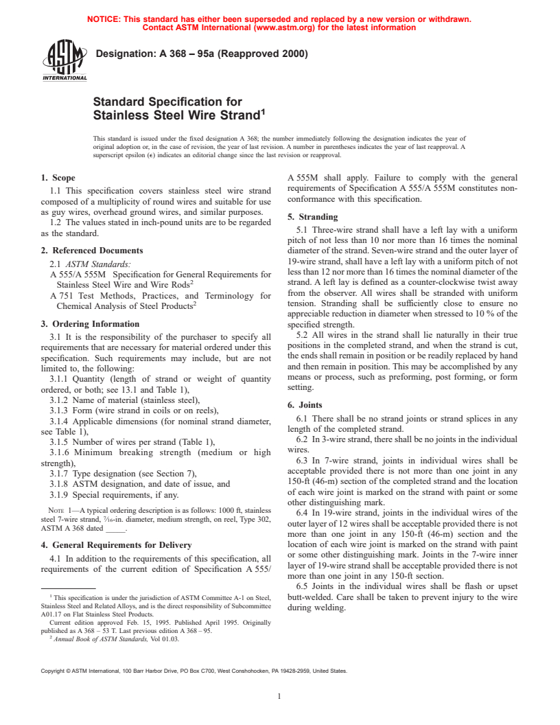 ASTM A368-95a(2000) - Standard Specification for Stainless Steel Wire Strand