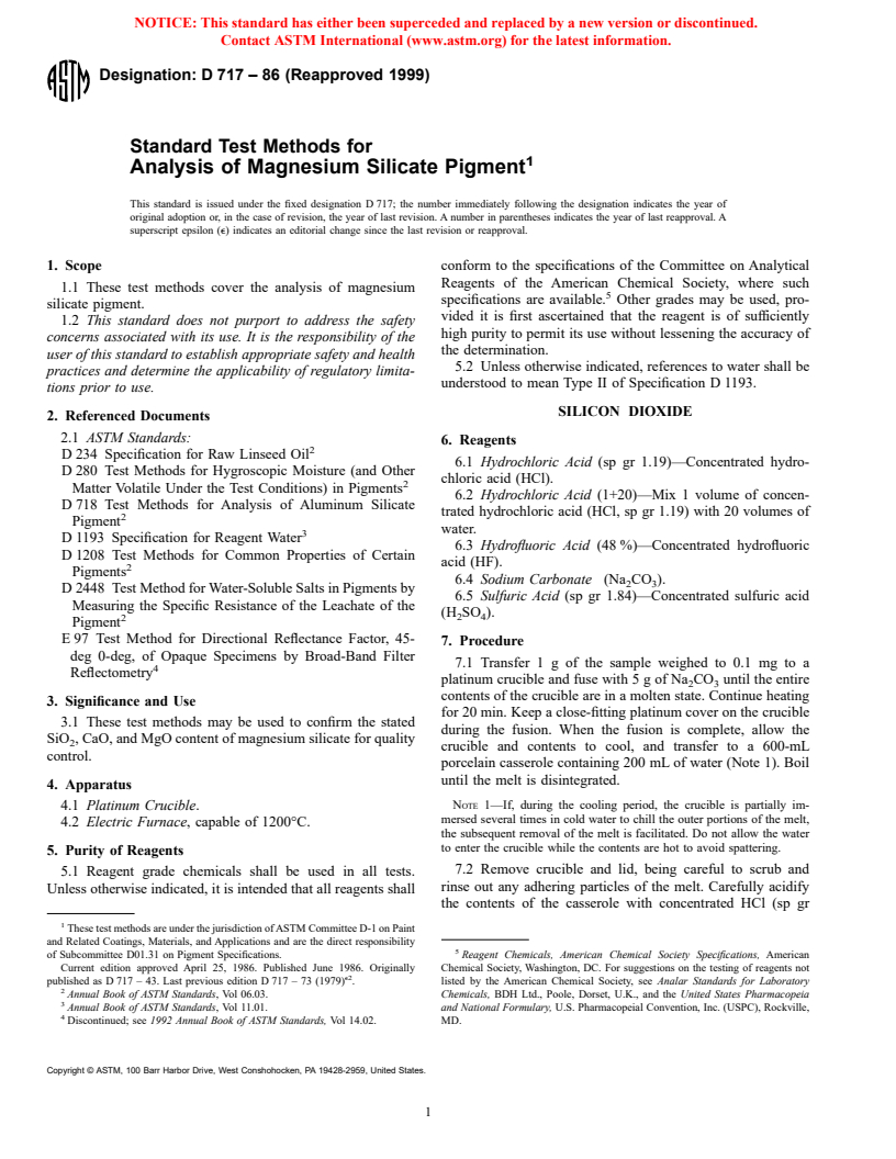 ASTM D717-86(1999) - Standard Test Methods for Analysis of Magnesium Silicate Pigment