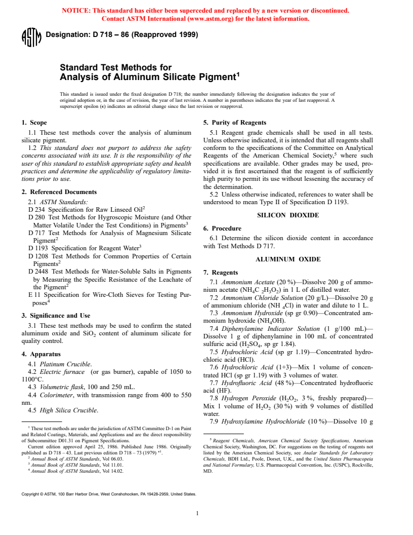 ASTM D718-86(1999) - Standard Test Methods for Analysis of Aluminum Silicate Pigment