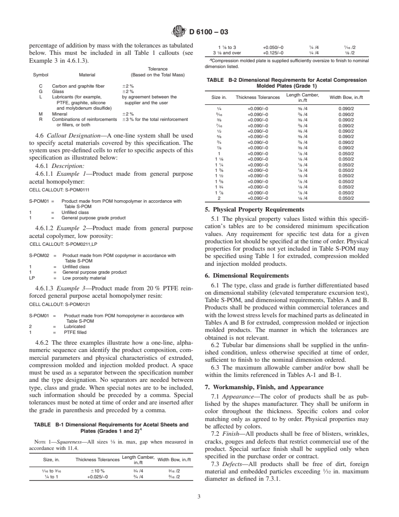 ASTM D6100-03 - Standard Specification for Extruded, Compression Molded and Injection Molded Acetal Shapes (POM)