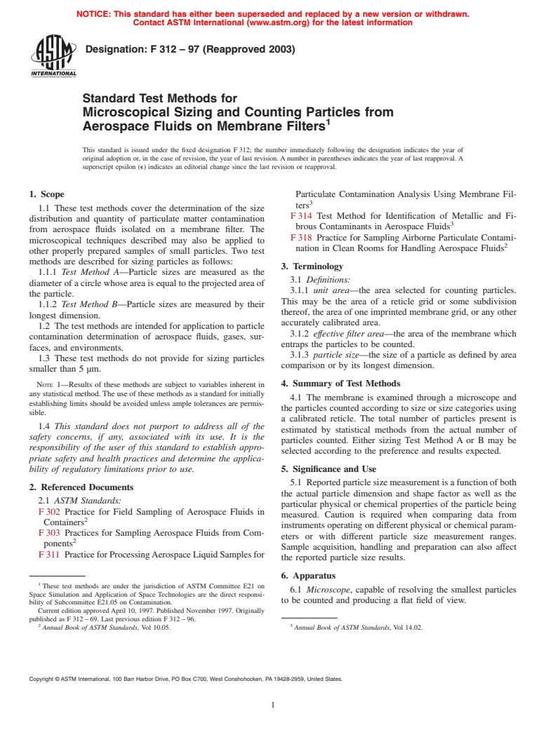 ASTM F312-97(2003) - Standard Test Methods for Microscopical Sizing and Counting Particles from Aerospace Fluids on Membrane Filters