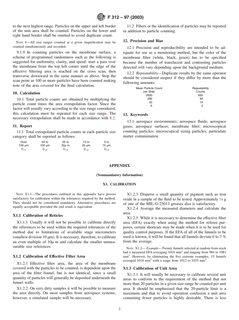 ASTM F312-97(2003) - Standard Test Methods for Microscopical Sizing and Counting Particles from Aerospace Fluids on Membrane Filters