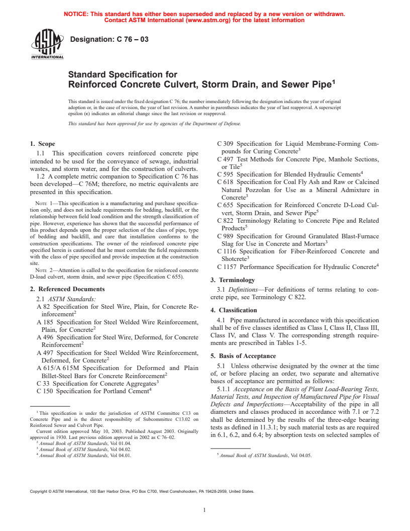 ASTM C76-03 - Standard Specification for Reinforced Concrete Culvert, Storm Drain, and Sewer Pipe