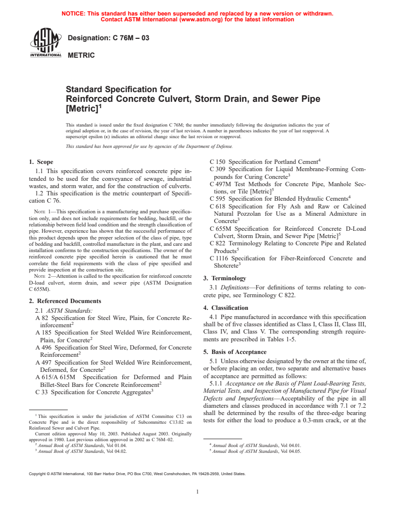 ASTM C76M-03 - Standard Specification for Reinforced Concrete Culvert, Storm Drain, and Sewer Pipe (Metric)