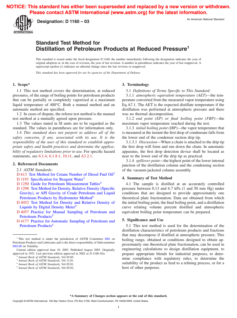 ASTM D1160-03 - Standard Test Method for Distillation of Petroleum Products at Reduced Pressure