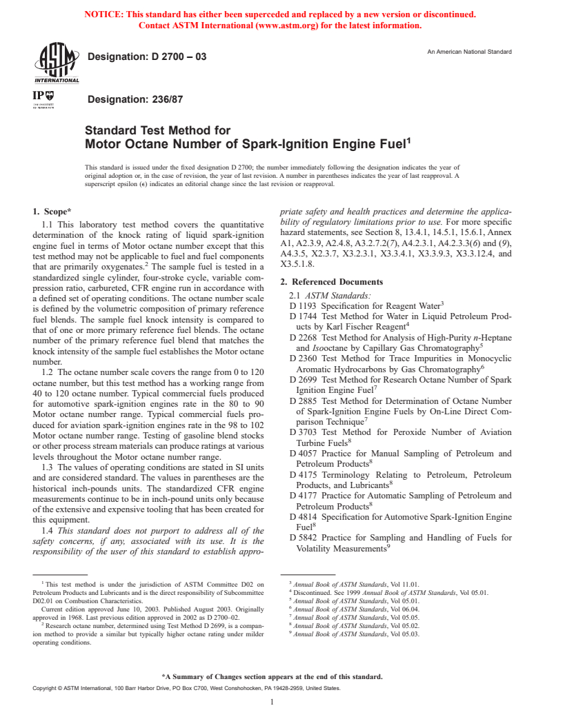 ASTM D2700-03 - Standard Test Method for Motor Octane Number of Spark-Ignition Engine Fuel