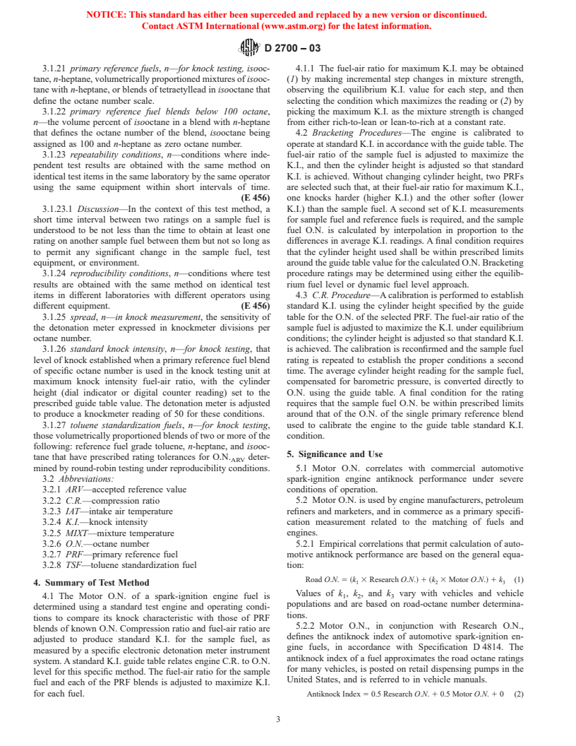 ASTM D2700-03 - Standard Test Method for Motor Octane Number of Spark-Ignition Engine Fuel