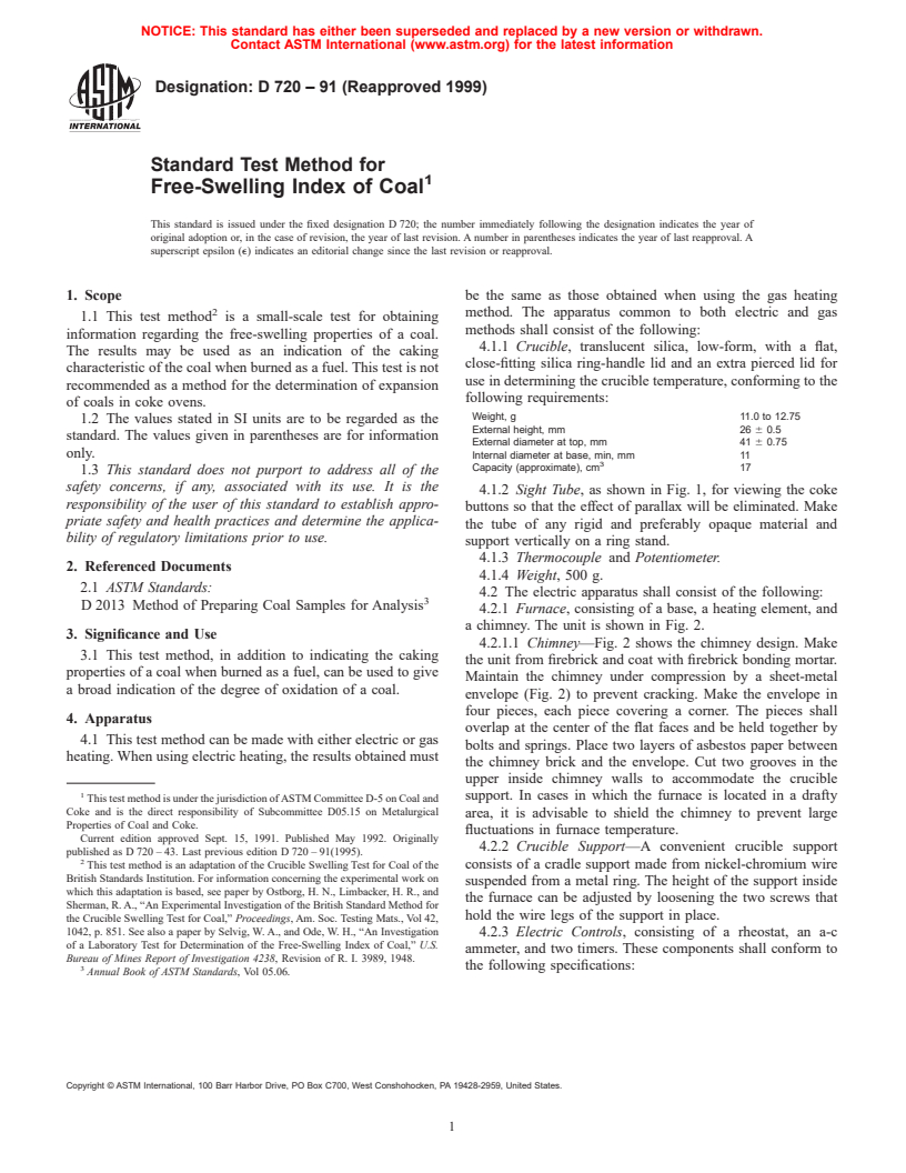 ASTM D720-91(1999) - Standard Test Method for Free-Swelling Index of Coal