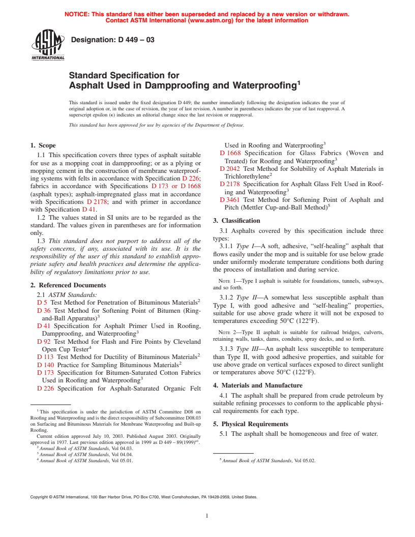 ASTM D449-03 - Standard Specification for Asphalt Used in Dampproofing and Waterproofing