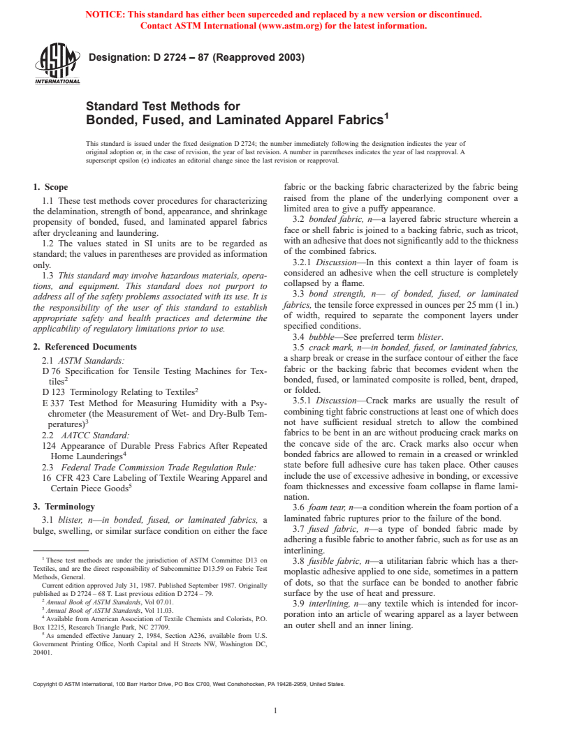 ASTM D2724-87(2003) - Standard Test Methods for Bonded, Fused, and Laminated Apparel Fabrics