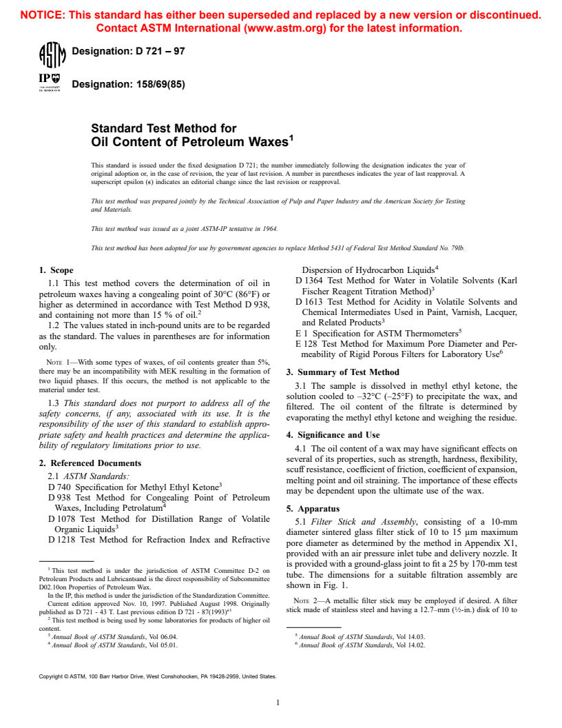 ASTM D721-97 - Standard Test Method for Oil Content of Petroleum Waxes