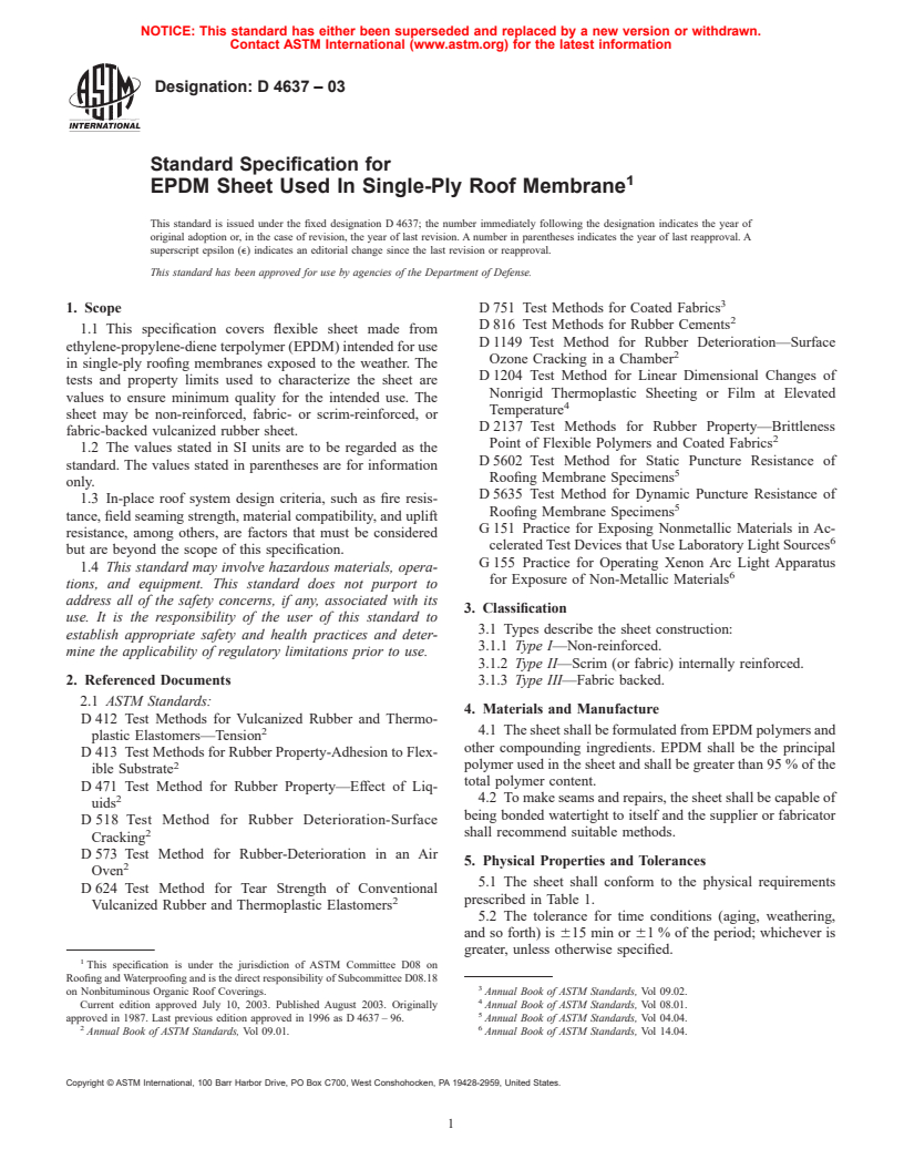 ASTM D4637-03 - Standard Specification for EPDM Sheet Used In Single-Ply Roof Membrane