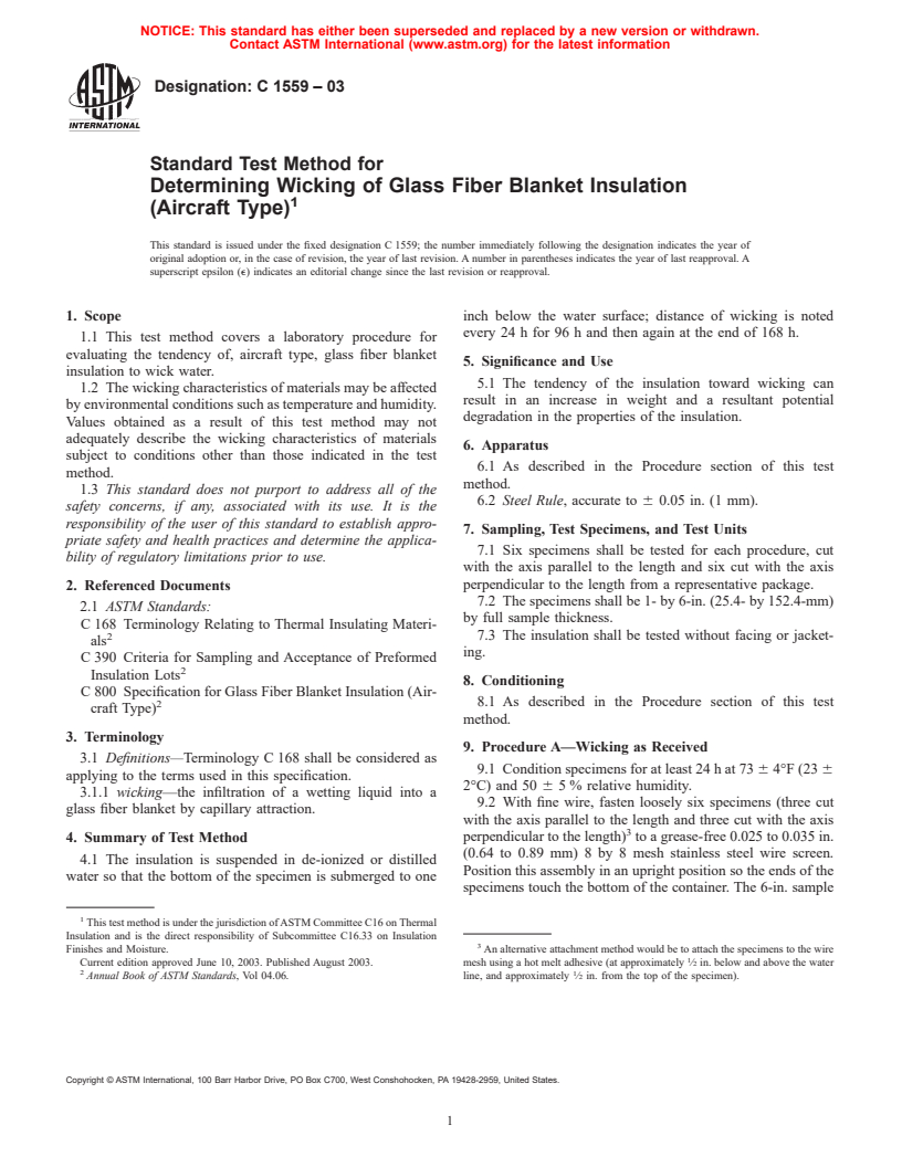 ASTM C1559-03 - Standard Test Method for Determining Wicking of Glass Fiber Blanket Insulation (Aircraft Type)