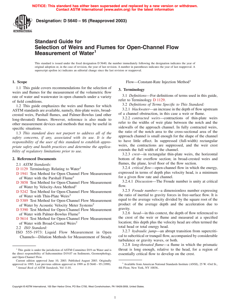 ASTM D5640-95(2003) - Standard Guide for Selection of Weirs and Flumes for Open-Channel Flow Measurement of Water