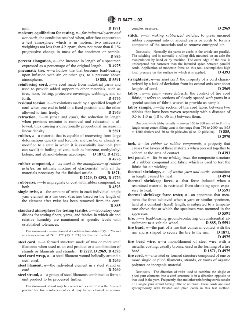 ASTM D6477-03 - Standard Terminology Relating to Tire Cord, Bead Wire, Hose Reinforcing Wire, and Fabrics