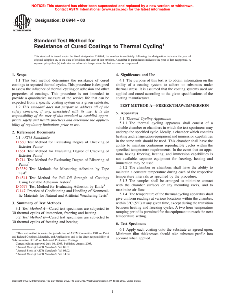 ASTM D6944-03 - Standard Test Method for Resistance of Cured Coatings to Thermal Cycling