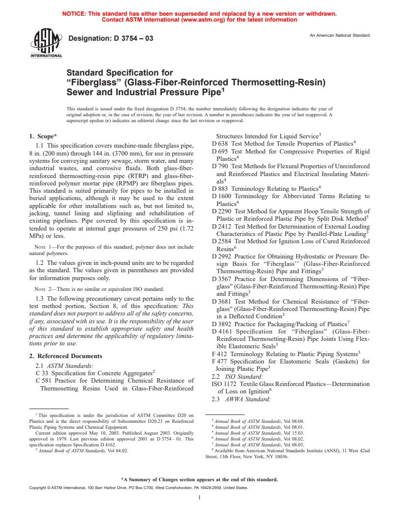 ASTM D3754-03 - Standard Specification for "Fiberglass" (Glass-Fiber-Reinforced Thermosetting-Resin) Sewer and Industrial Pressure Pipe