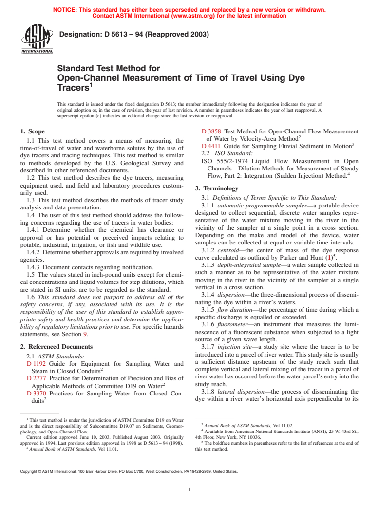 ASTM D5613-94(2003) - Standard Test Method for Open-Channel Measurement of Time of Travel Using Dye Tracers