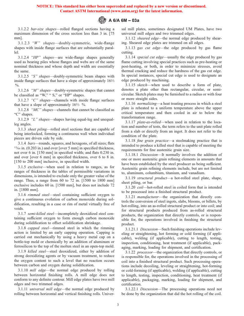 ASTM A6/A6M-03a - Standard Specification for General Requirements for Rolled Structural Steel Bars, Plates, Shapes, and Sheet Piling