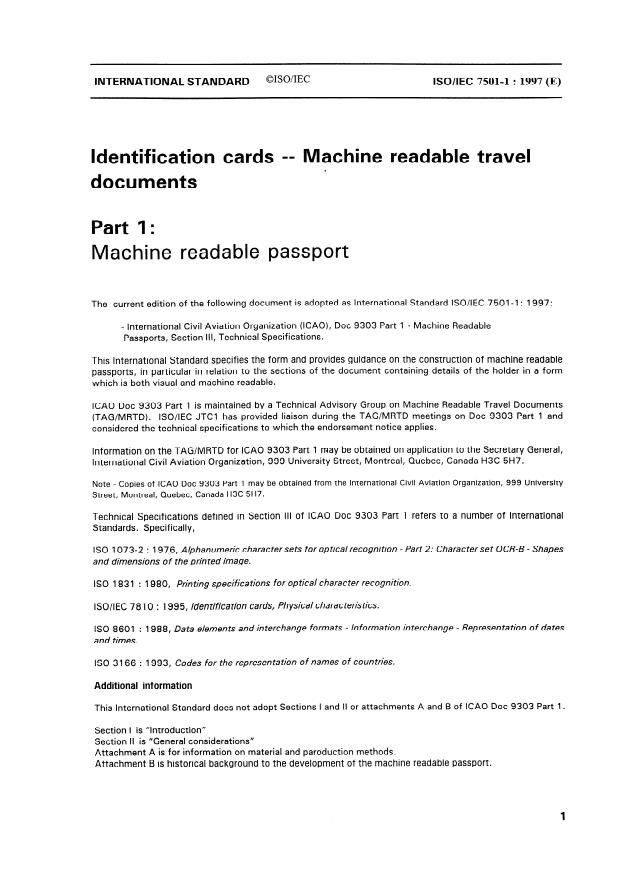 ISO/IEC 7501-1:1997 - Identification cards -- Machine readable travel documents