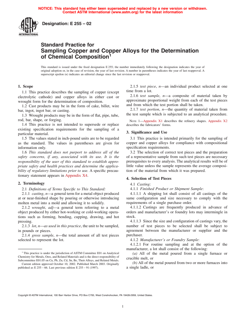 ASTM E255-02 - Standard Practice for Sampling Copper and Copper Alloys for the Determination of Chemical Composition