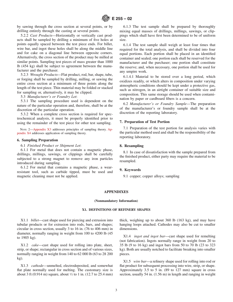 ASTM E255-02 - Standard Practice for Sampling Copper and Copper Alloys for the Determination of Chemical Composition