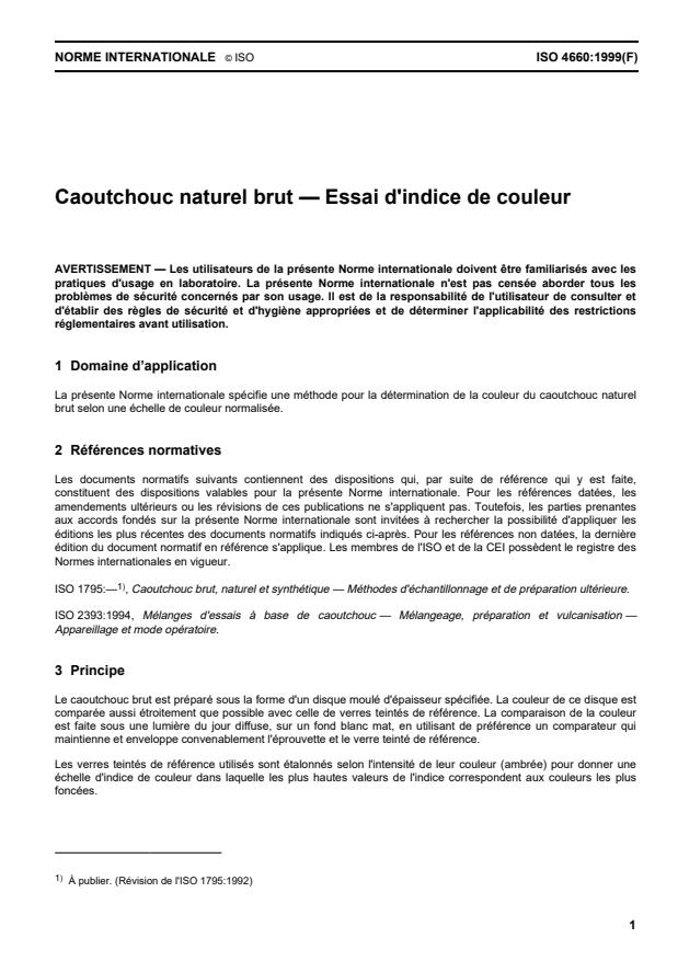 ISO 4660:1999 - Caoutchouc naturel brut -- Essai d'indice de couleur