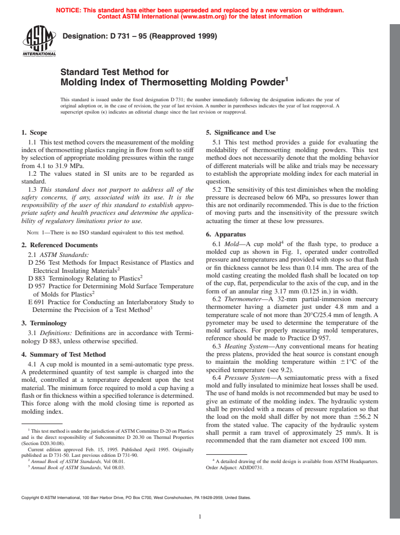 ASTM D731-95(1999) - Standard Test Method for Molding Index of Thermosetting Molding Powder (Withdrawn 2008)