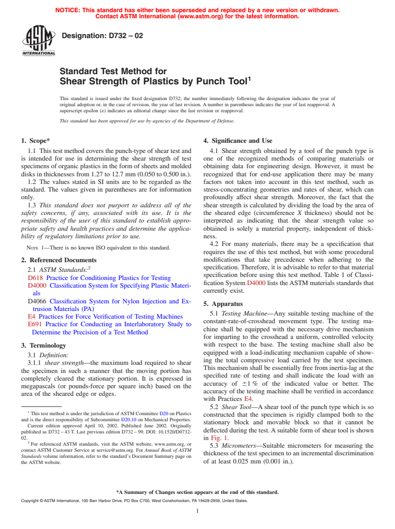 ASTM D732-02 - Standard Test Method for Shear Strength of Plastics by Punch Tool