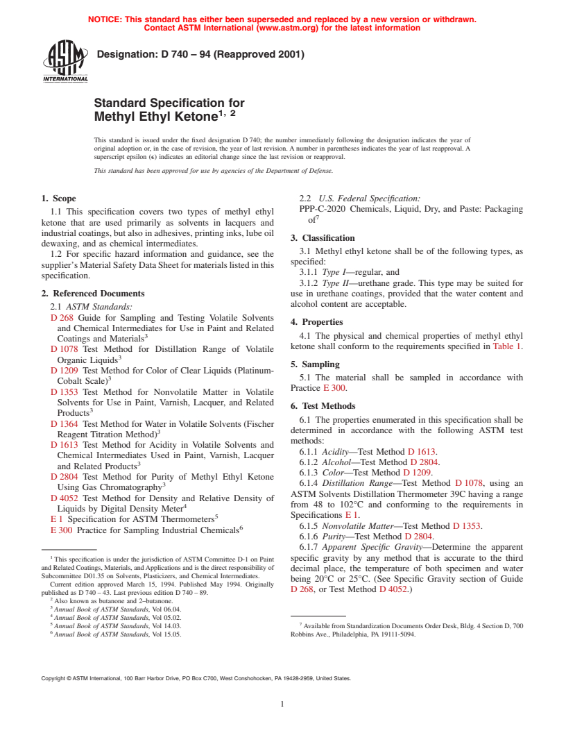 ASTM D740-94(2001) - Standard Specification for Methyl Ethyl Ketone