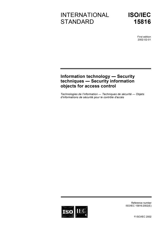 ISO/IEC 15816:2002 - Information technology -- Security techniques -- Security information objects for access control