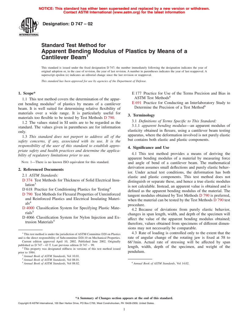 ASTM D747-02 - Standard Test Method for Apparent Bending Modulus of Plastics by Means of a Cantilever Beam