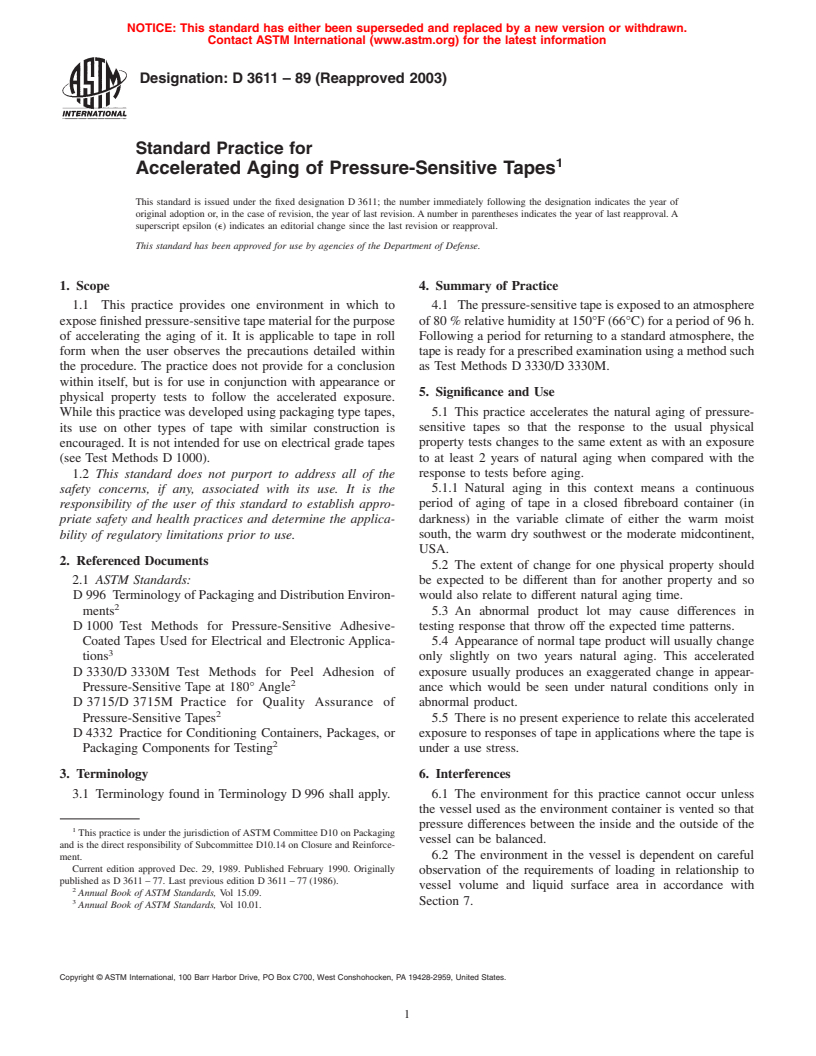 ASTM D3611-89(2003) - Standard Practice for Accelerated Aging of Pressure-Sensitive Tapes