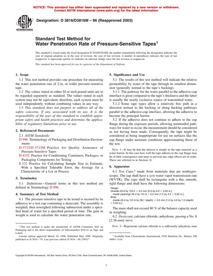 ASTM D3816/D3816M-96(2003) - Standard Test Method for Water Penetration Rate of Pressure-Sensitive Tapes