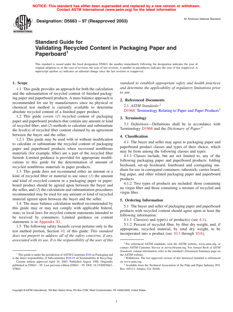 ASTM D5663-97(2003) - Standard Guide for Validating Recycled Content in Packaging Paper and Paperboard