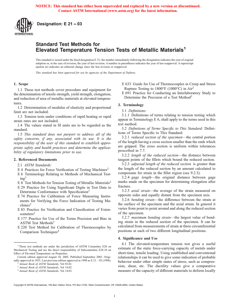 ASTM E21-03 - Standard Test Methods for Elevated Temperature Tension Tests of Metallic Materials