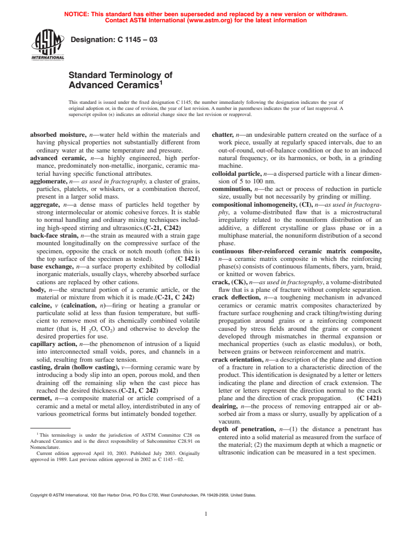 ASTM C1145-03 - Standard Terminology of Advanced Ceramics