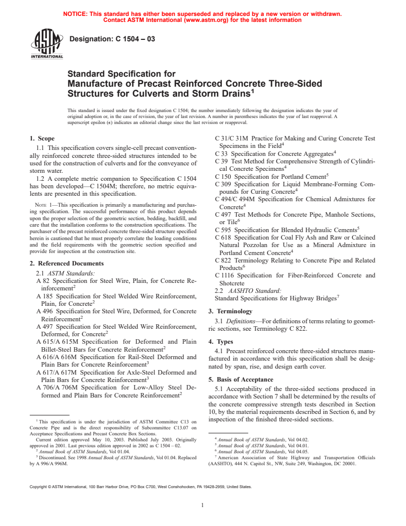 ASTM C1504-03 - Standard Specification for Manufacture of Precast Reinforced Concrete Three-Sided Structures for Culverts, Storm Drains