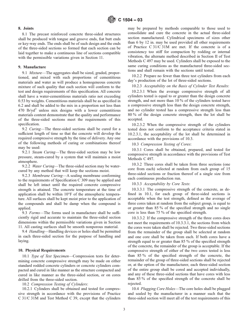 ASTM C1504-03 - Standard Specification for Manufacture of Precast Reinforced Concrete Three-Sided Structures for Culverts, Storm Drains